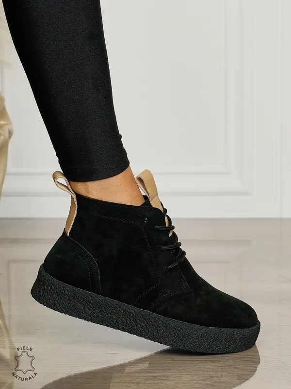 Ghete Dama Piele Naturala INTOARSA IMBLANITE CRL1457 NEGRU SUEDE