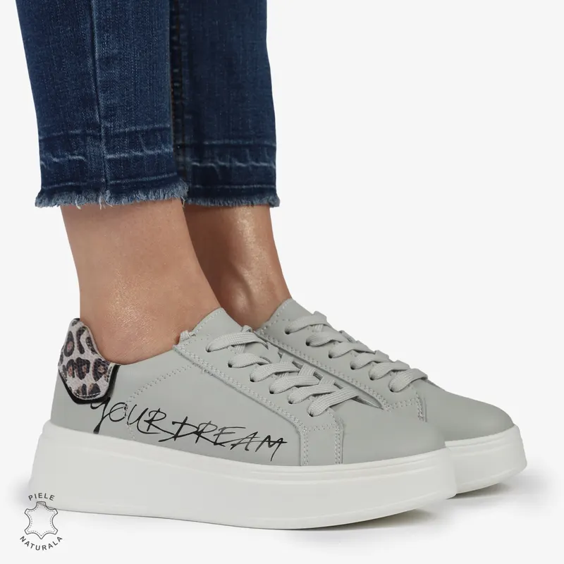 Pantofi DAMA CASUAL din piele naturală CU DETALIU SCRIS CRL1379 GRI