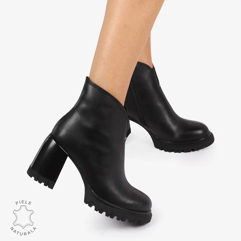 Botine piele naturala cu toc Gros si Talpa Aderenta CRL1236 NEGRU