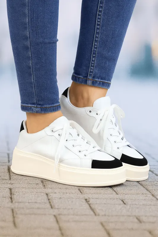 Pantofi Dama din Piele Alb cu Negru - TORA WHITE