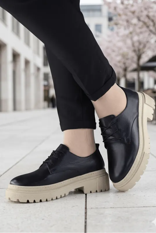 Pantofi Casual cu Siret din Piele Negri- PADA BLACK