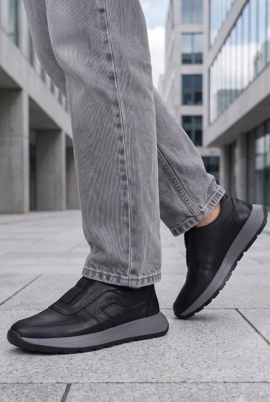 Pantofi SPORT-Casual Tip SLIP-ON din Piele Negri - MAZ BLACK