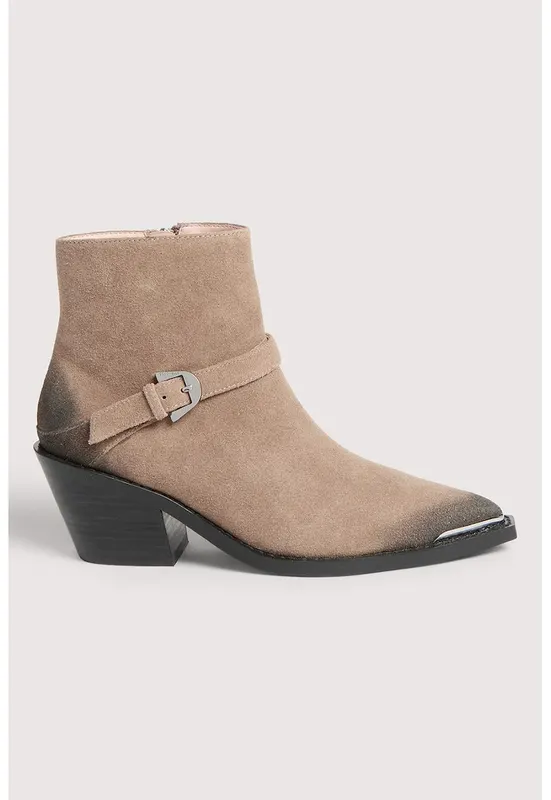 Botine din piele intoarsa cu toc cuban - Negru/Maro deschis