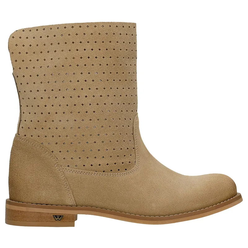 Botine damă bej, slip-on, cu carâmb perforat