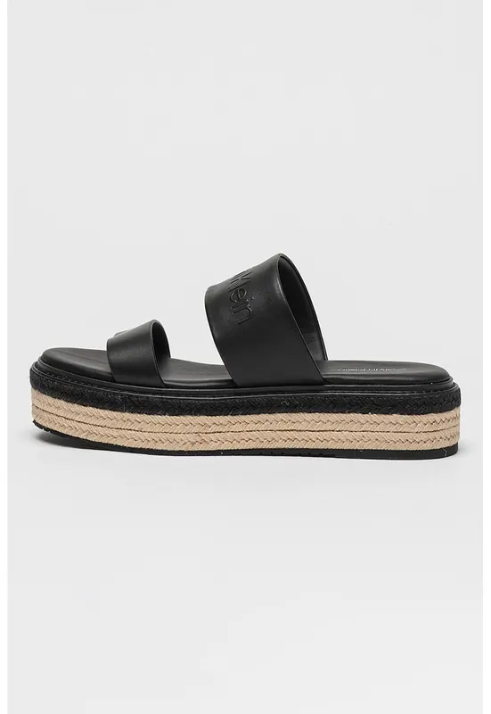 Papuci din piele flatform cu model uni - Negru