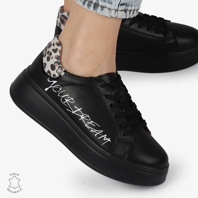 Pantofi DAMA CASUAL din piele naturală CU DETALIU SCRIS CRL1379 NEGRU