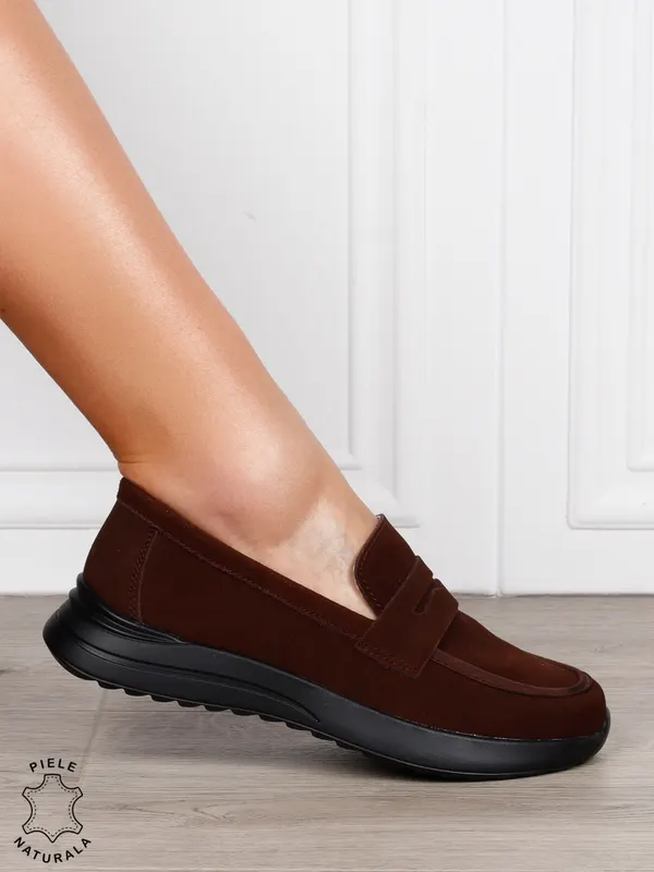 MOCASINI Dama Piele Naturala intoarsa cu design clasic CRL1598 cafeniu