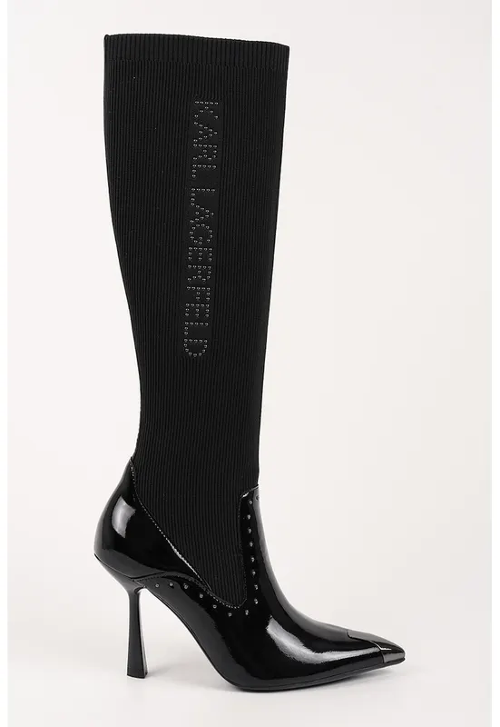 Cizme din piele si material textil cu toc stiletto - Negru