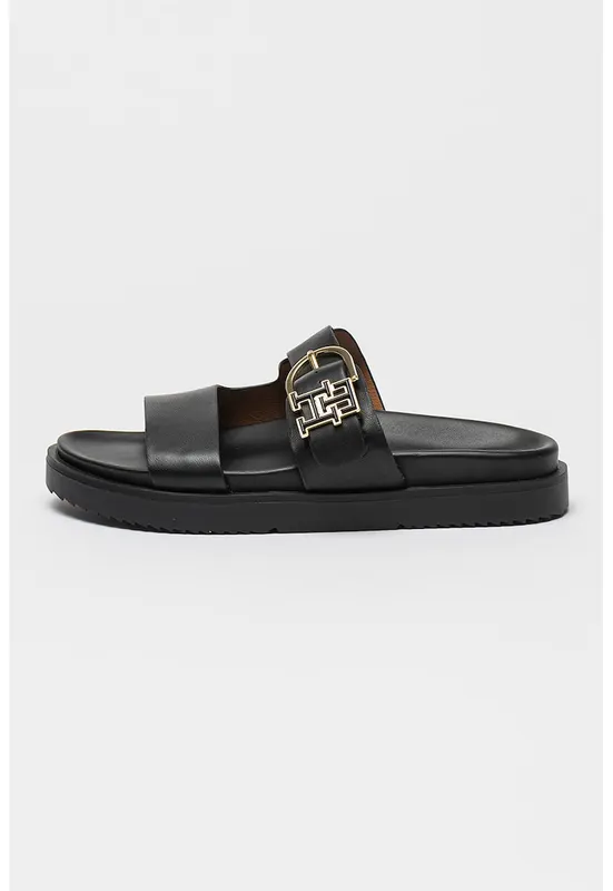 Papuci din piele cu model monograma - Negru