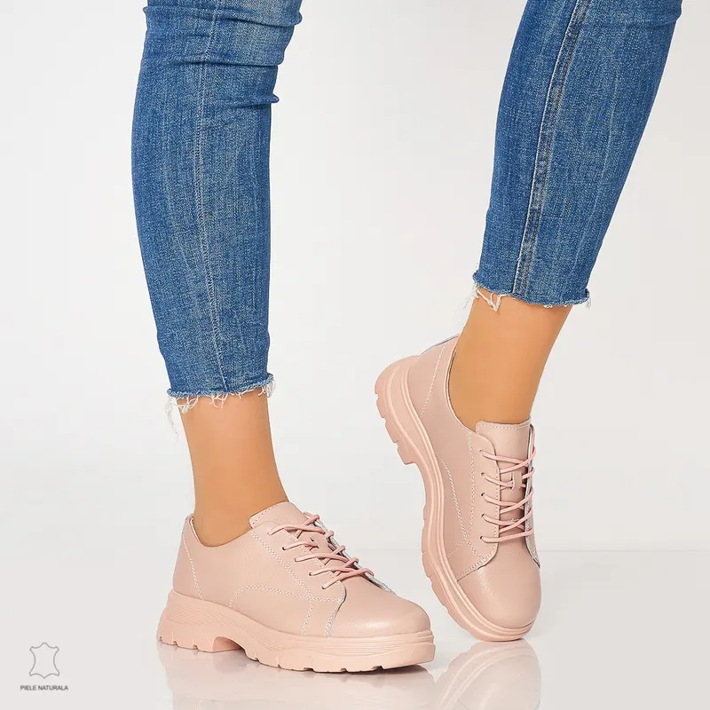 Pantofi casual de dama din piele naturala cu talpa aderenta CRL0010 Roz