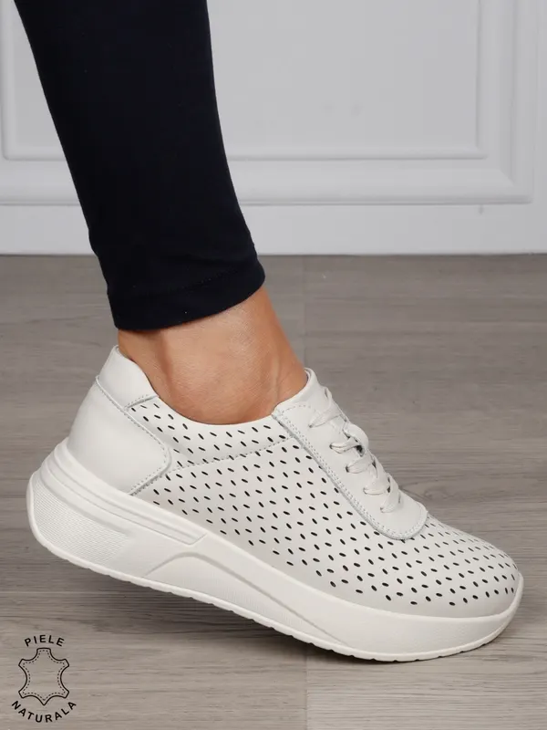 Pantofi Casual dama din Piele Naturala mici perforati CRL1541 BEJ