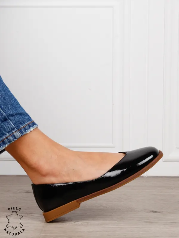 Balerini dama din piele naturala cu talpa usoara si plata CRL1630 NEGRU