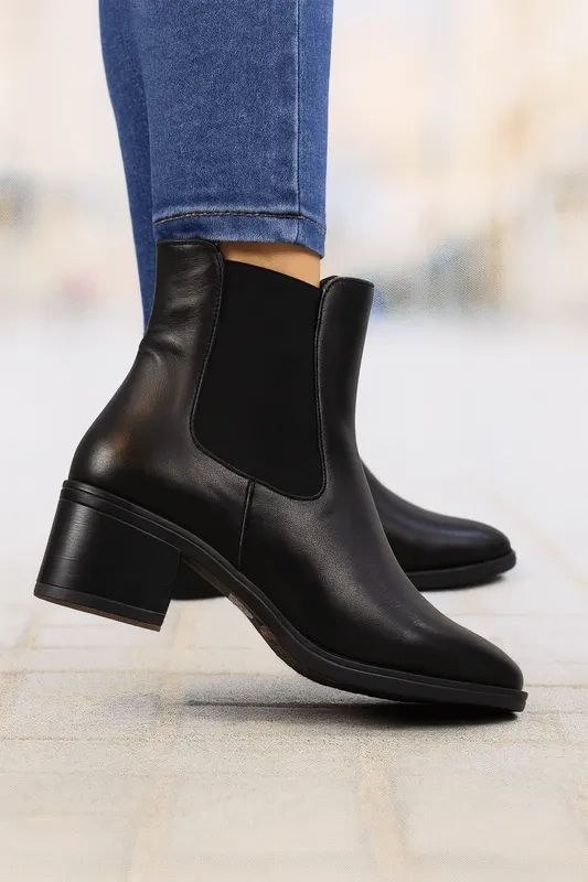 Botine Dama din Piele Negre cu Elastic - ORO