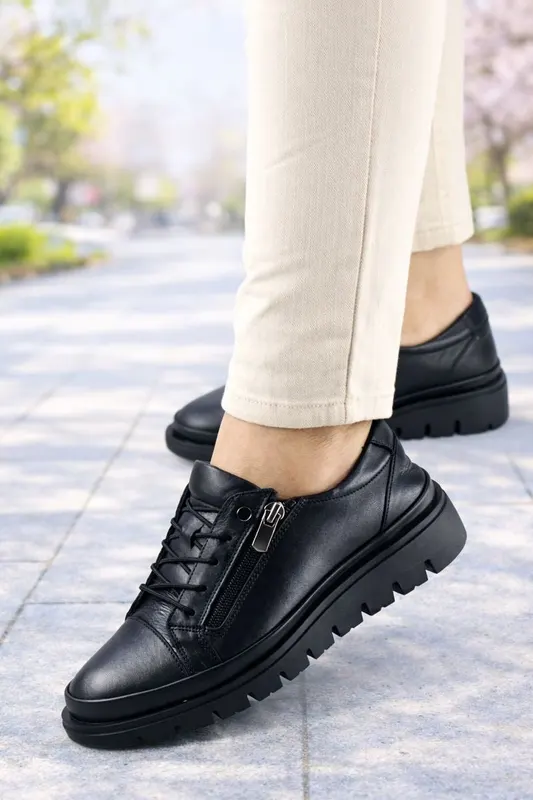 Pantofi Casual din Piele cu Fermoar si Siret Elastic - FYA BLACK