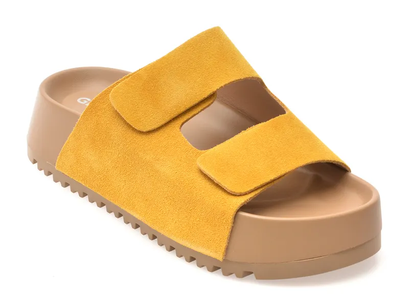 Papuci galbeni, 33719, din piele intoarsa