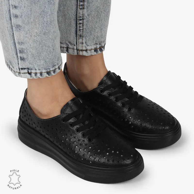 Pantofi Casual dama din Piele naturala PERFORATCU SIRET CRL1341 NEGRU