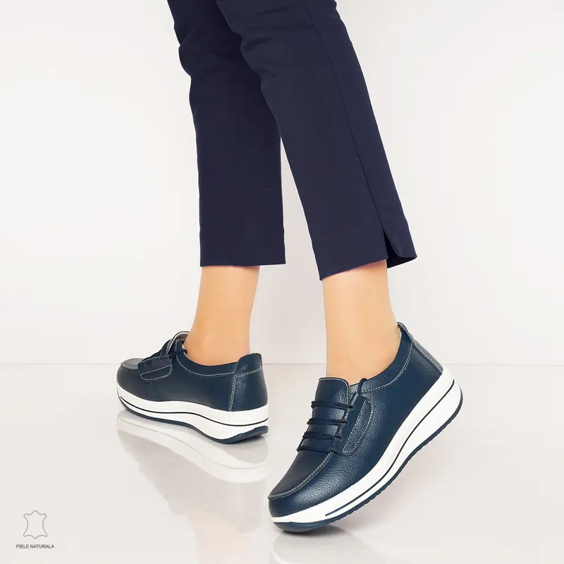 Pantofi casual de dama din piele naturala cu talpa groasa CRL0005 Bleumarin