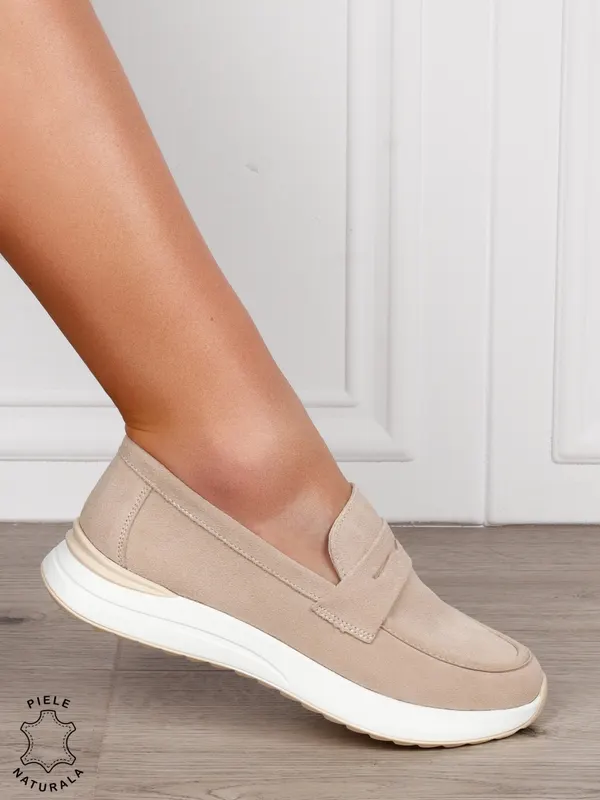 MOCASINI Dama Piele Naturala intoarsa cu design clasic CRL1598 BEJ