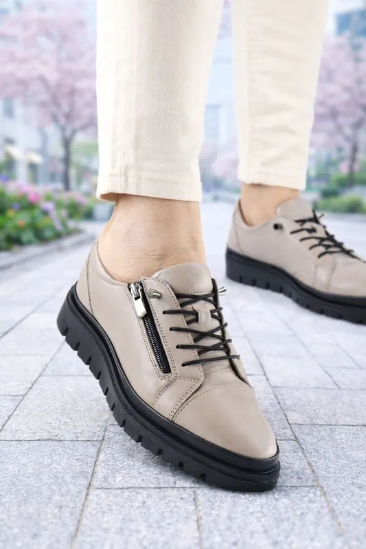 Pantofi Casual din Piele cu Fermoar si Siret Elastic - FYA TAUPE