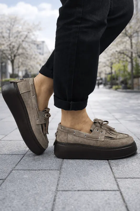 Pantofi tip Mocasin din Piele Gri cu Accesoriu - ALYA TAUPE