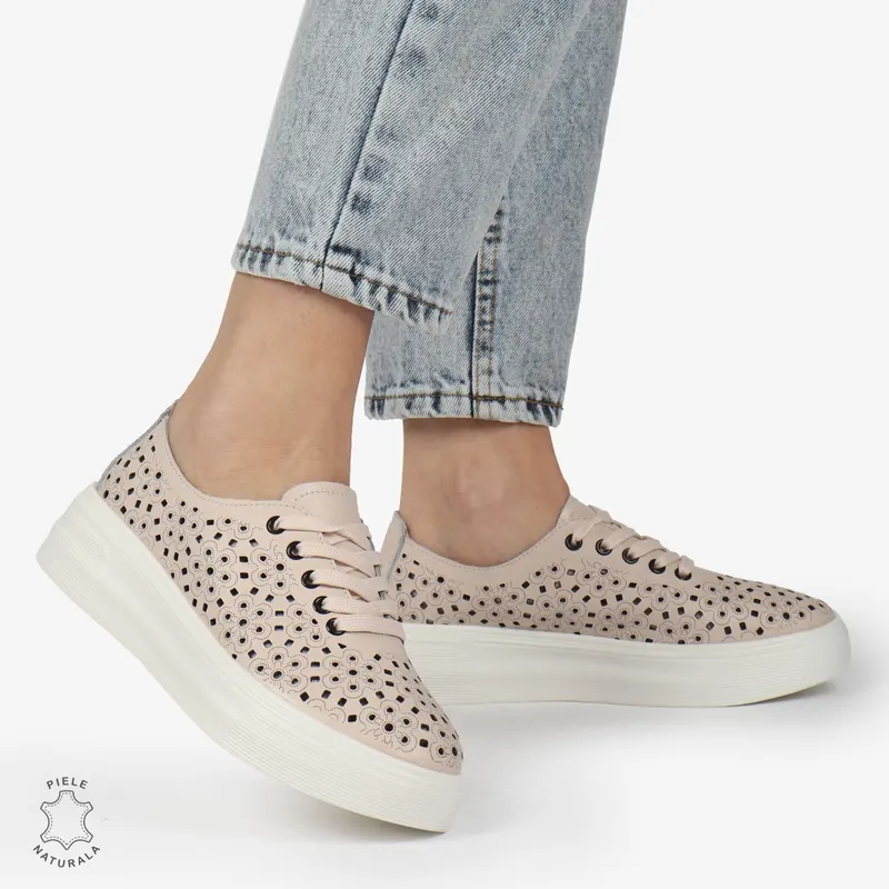 Pantofi Casual dama din Piele naturala PERFORAT USORI CU SIRET CRL1341 ROZ