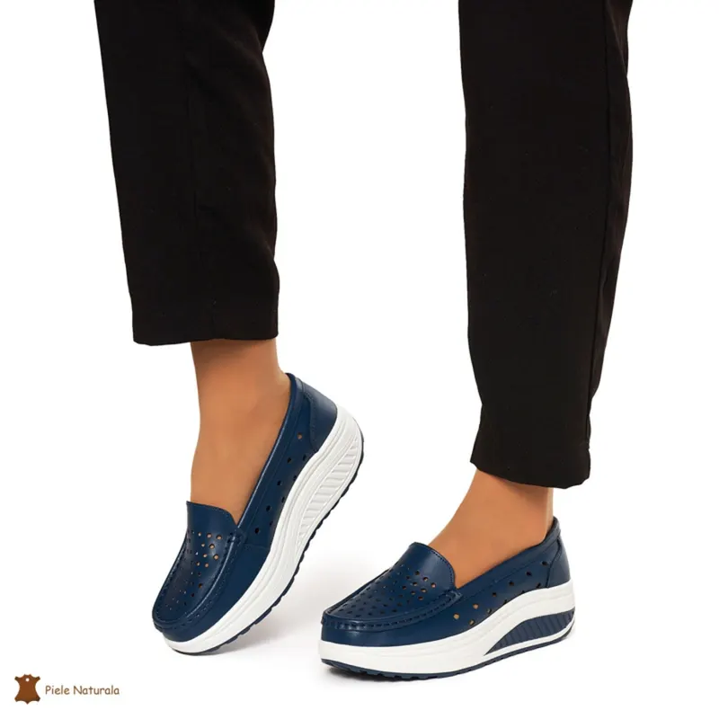 Mocasini Dama Piele Naturala perforati cu talpa groasa CRL0079 NAVY