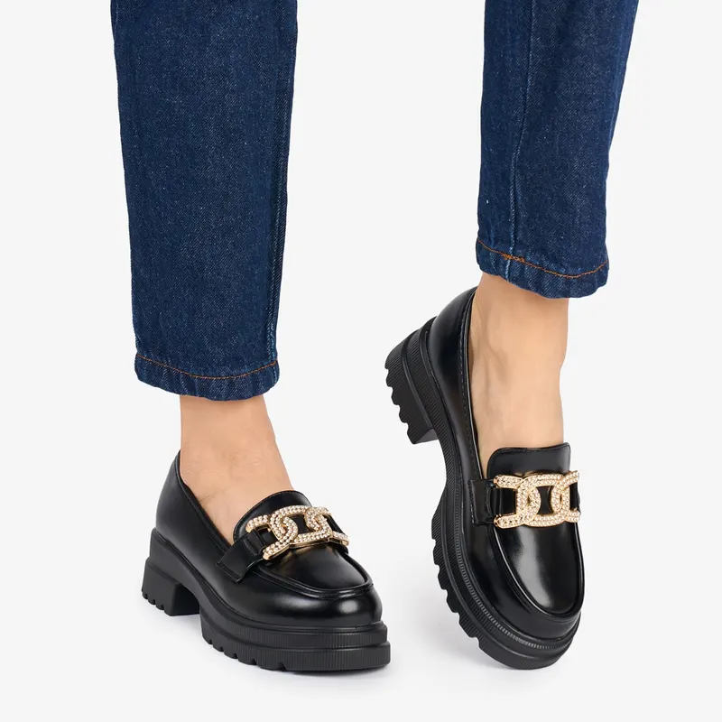 Mocasini DAMA din PIELE ECOLOGICA CU detaliu AURIU CRL0956 CULOARE: NEGRU