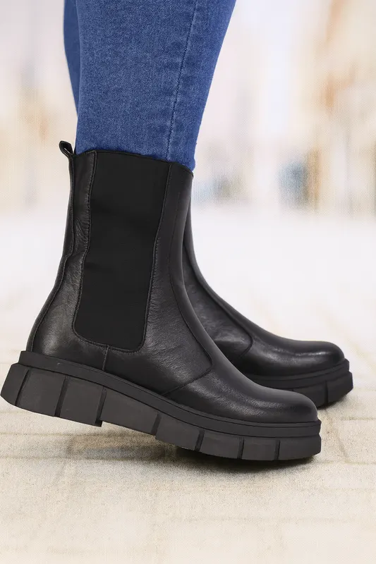 Ghete Casual Dama din Piele Negre cu Elastic - WYT