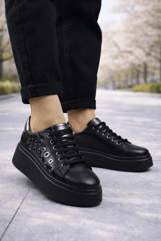 Sneakers din Piele Negri Accesorizati - ALYY BLACK