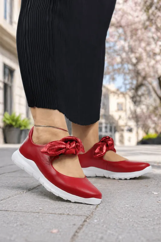 Balerini din Piele Rosi cu Accesoriu Fundita - RED