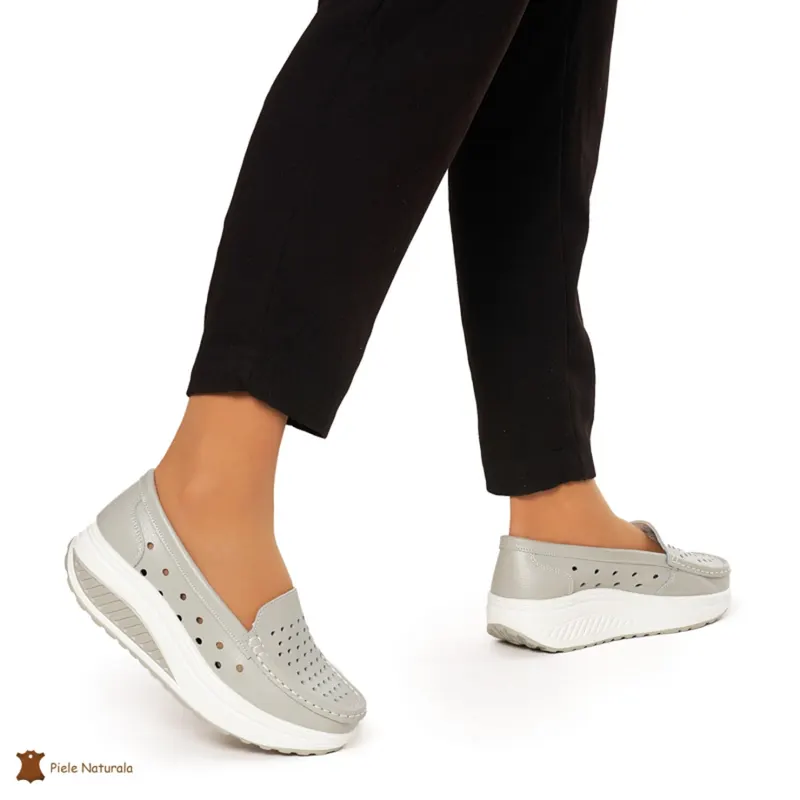 Mocasini Dama Piele Naturala perforati cu talpa groasa CRL0079 GRI