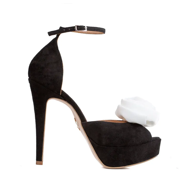Sandale Rose cu Platforma, Piele Intoarsa, Negru/Alb - 35 / 14 cm - Gros