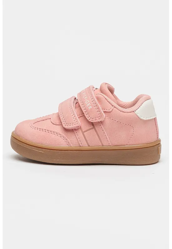 Pantofi sport de piele intoarsa ecologica cu velcro - Caramel/Roz prafuit