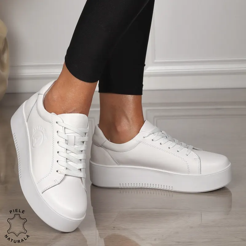 Pantofii casual piele naturala CU SIRET CRL1455 ALB