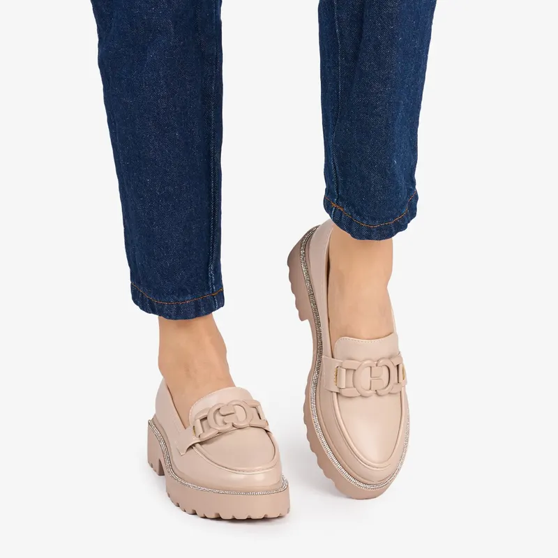 Mocasini DAMA din PIELE ECOLOGICA CU STRASURI CRL0953 CULOARE: Bej