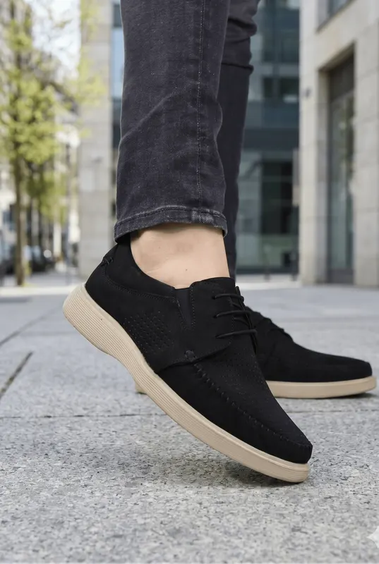 Pantofi Casual de Barbati din Piele Nubuk Negru - JAZ BLACK