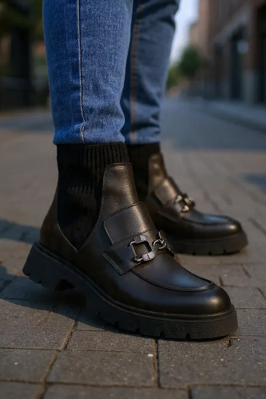 Ghete Casual Dama din Piele cu Strech si Accesoriu - MEDA