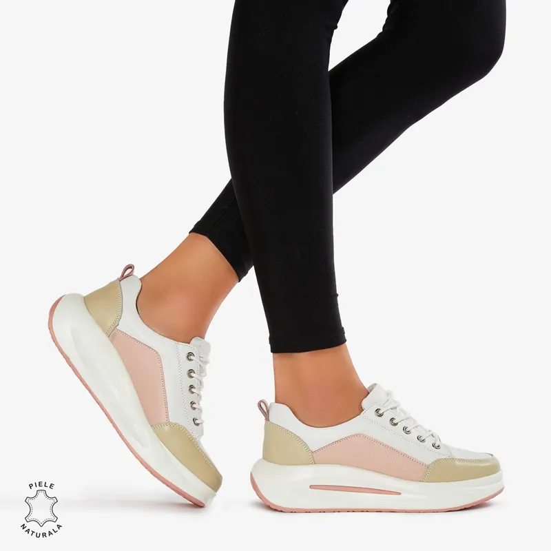Pantofi Casual de dama din Piele Naturala Multicolor CRL0571 ALB CU ROZ