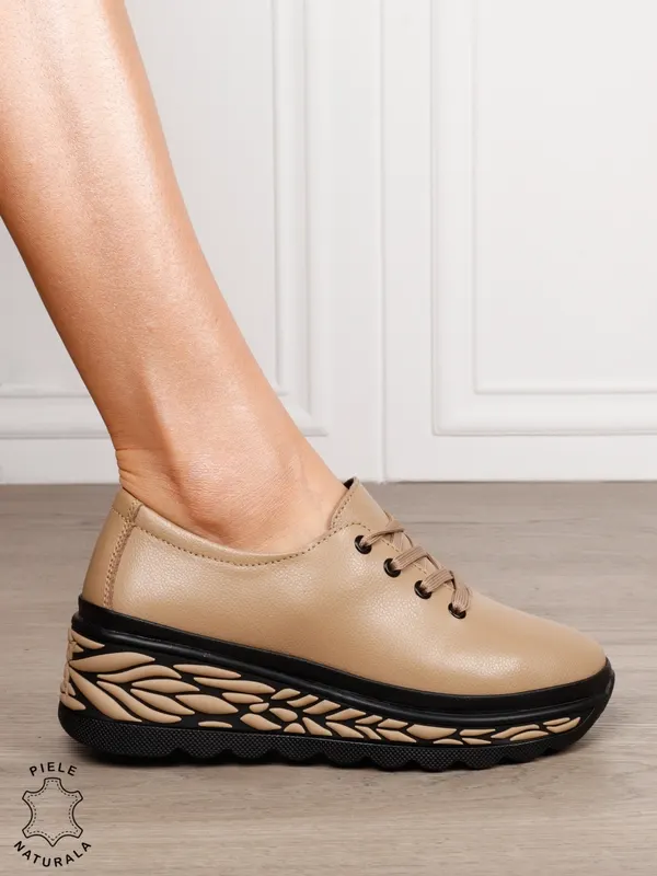 Pantofi Casual dama din Piele naturala CU DESIGN PE TALPA SIRET CRL1345 KHAKI