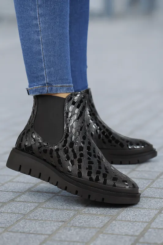 Ghete Dama din Piele Croco Negre cu Elastic si Fermoar - YZ