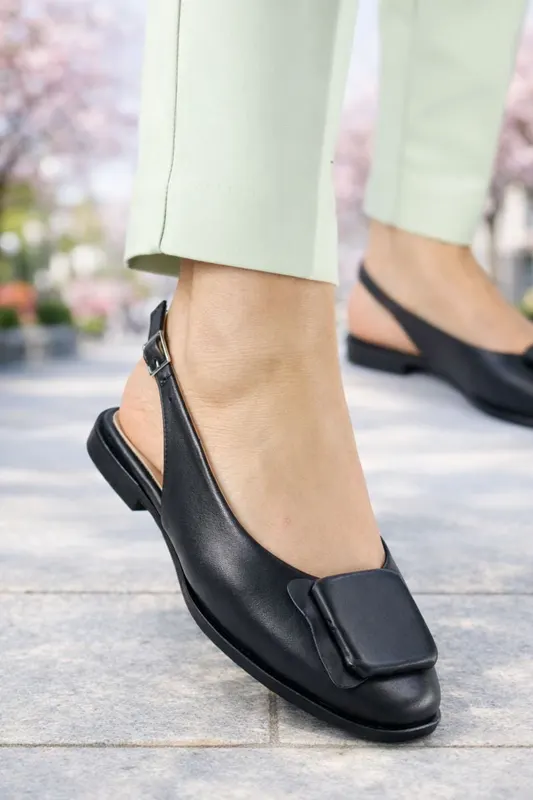 Balerini Decupati din Piele Negri cu Accesoriu - XERA BLACK