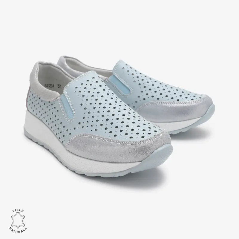 Pantofi Casual dama din Piele Naturala Perforati CRL0711 ALBASTRU