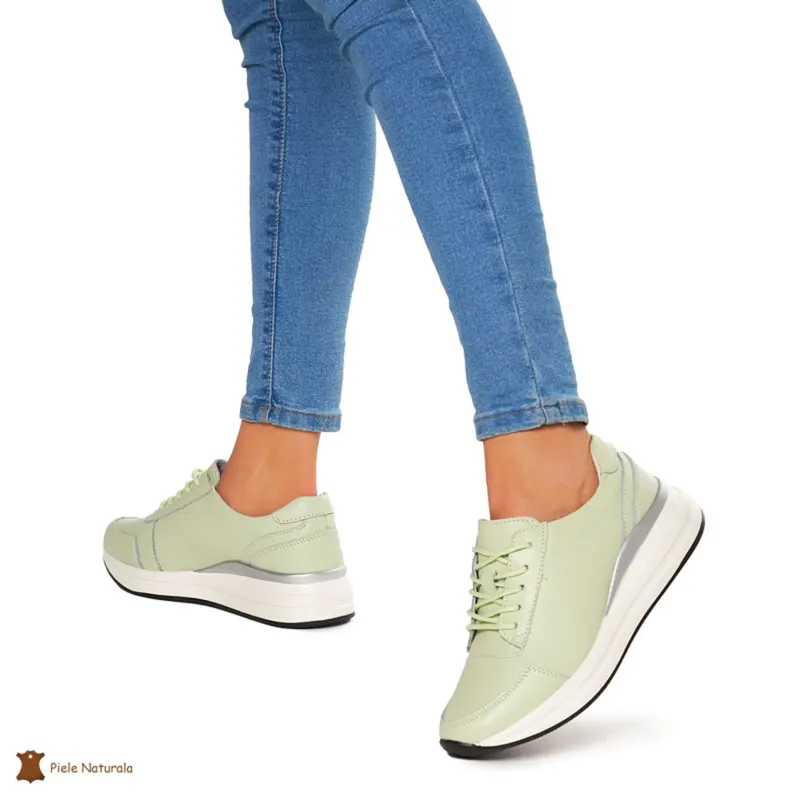 Pantofi casual de dama din piele naturala cu talpa plata CRL0019 verde