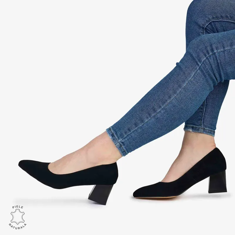 Pantofi Eleganți dama din Piele Naturala INTOARSA CU TOC MIC CRL0981 NEGRU