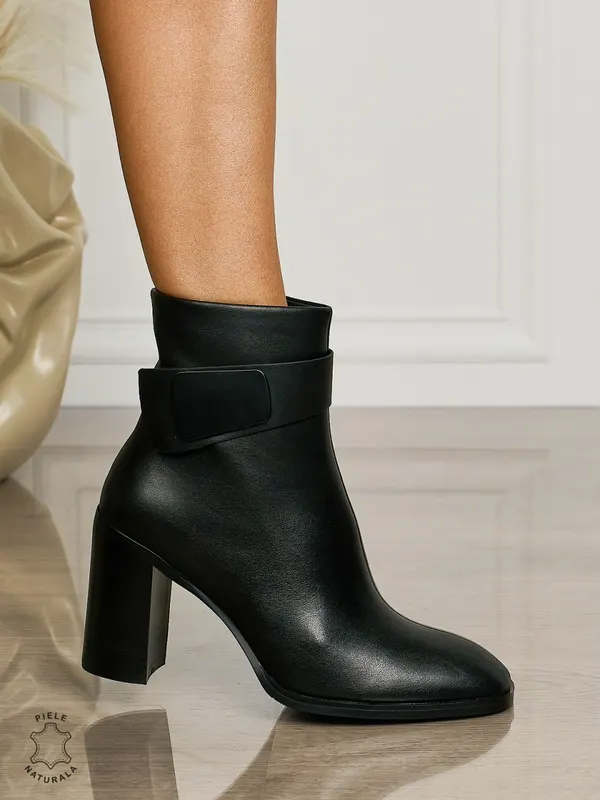 Botine DAMA din PIELE NATURALA CU TOC GROS CRL1504 Negru