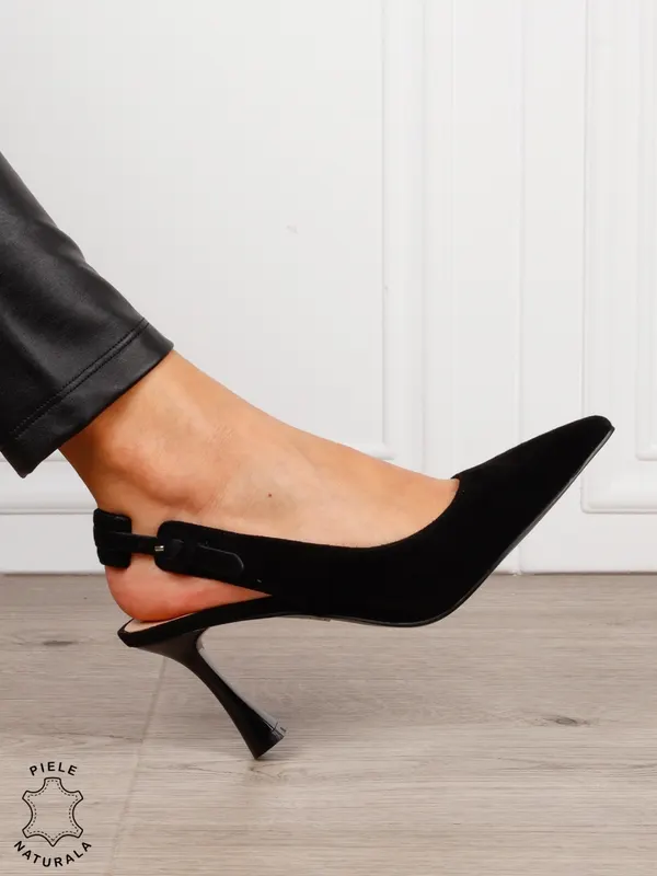 Pantofi dama eleganti cu toc subtire si varf ascutit din piele naturala intoarsa CRL1610 NEGRU