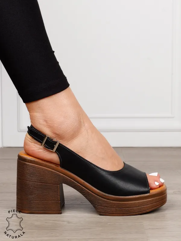 Sandale dama din Piele Naturala model clasic cu toc gros si inalt CRL1641 NEGRU