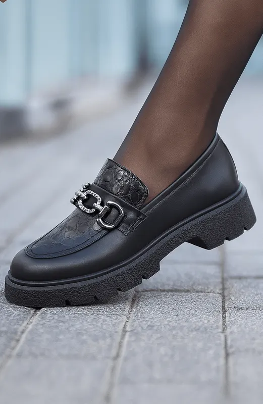Pantofi Casual din Piele Negri cu Accesoriu - ELYA
