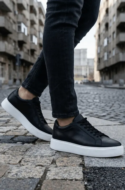 Pantofi Casual din Piele Negri cu Siret -ERVI BLACK