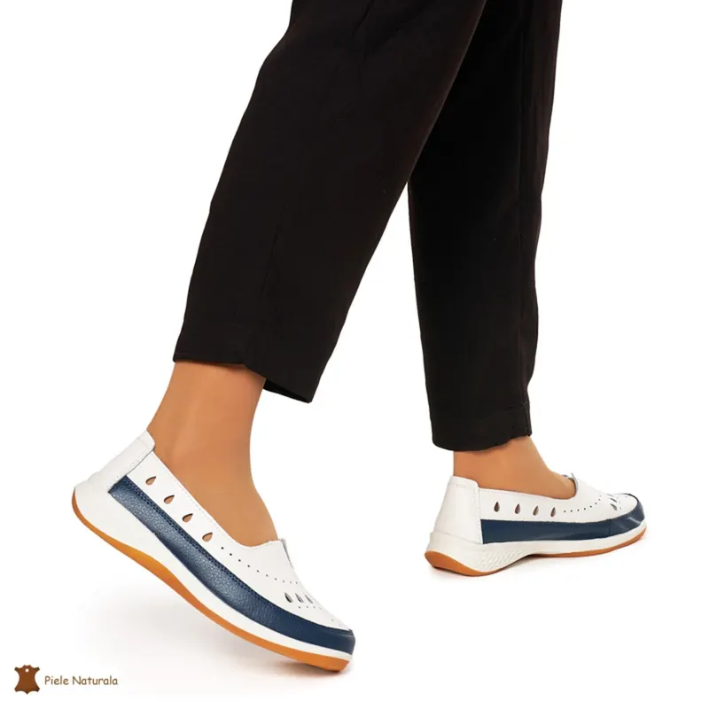 Balerini Dama Piele Naturala Slip-on CRL0074 ALB CU BLEUMARIN